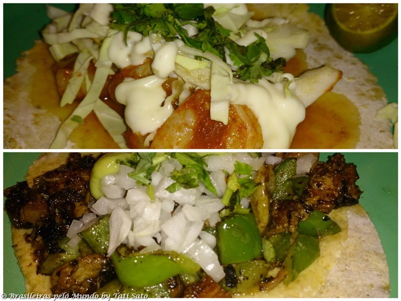 El Chupacabra: tacos moles, o de gambas a la diabla, acima, e o de pollo asado, abaixo.