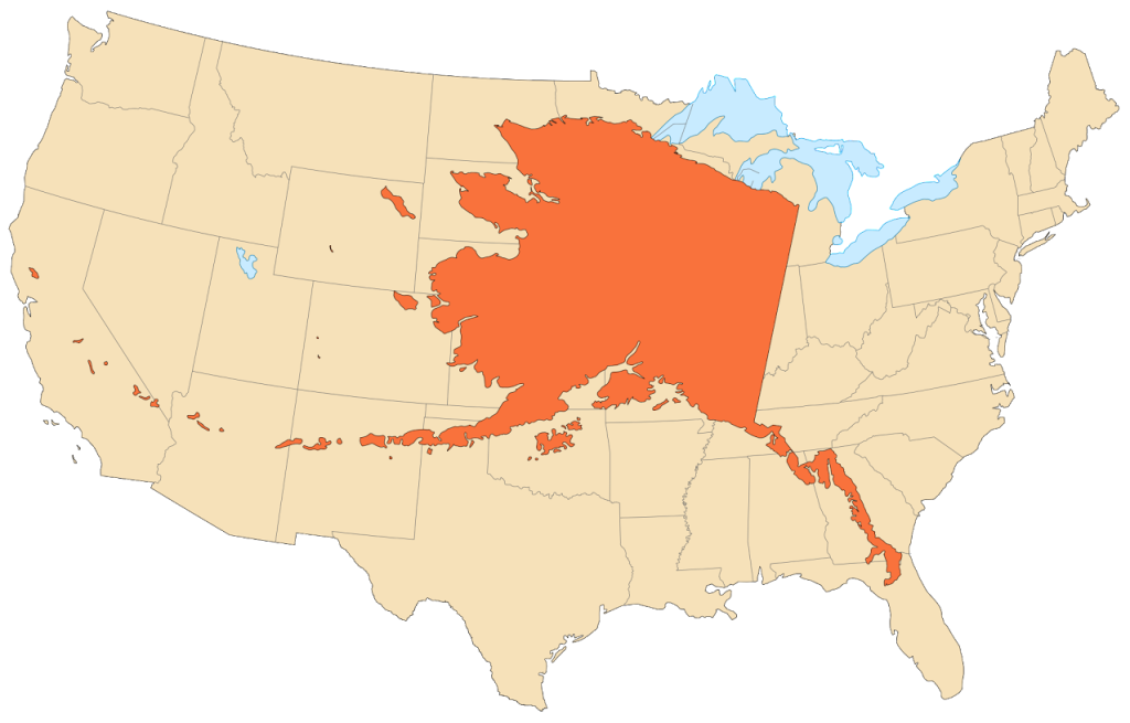 Área do Alaska comparada à area dos Estados Unidos Continental