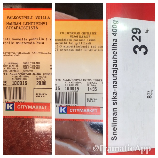 Bife de alcatra: 28,90€/Kg Bifes de carne de porco: 14,95/Kg Carne moída misturada de porco com vaca: 8,22€/Kg