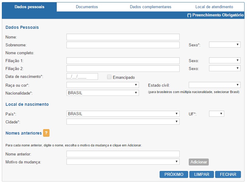 Formulário de preenchimento do passaporte