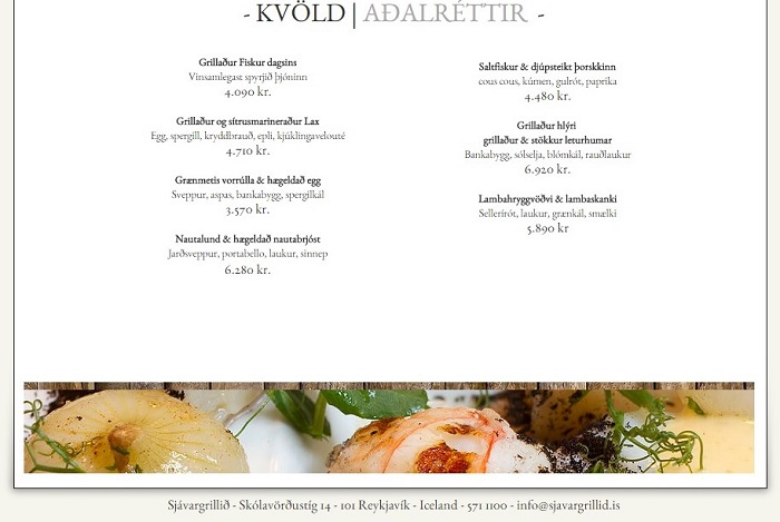 Cardápio de um bom restaurante de Reykjavik, pratos principais.