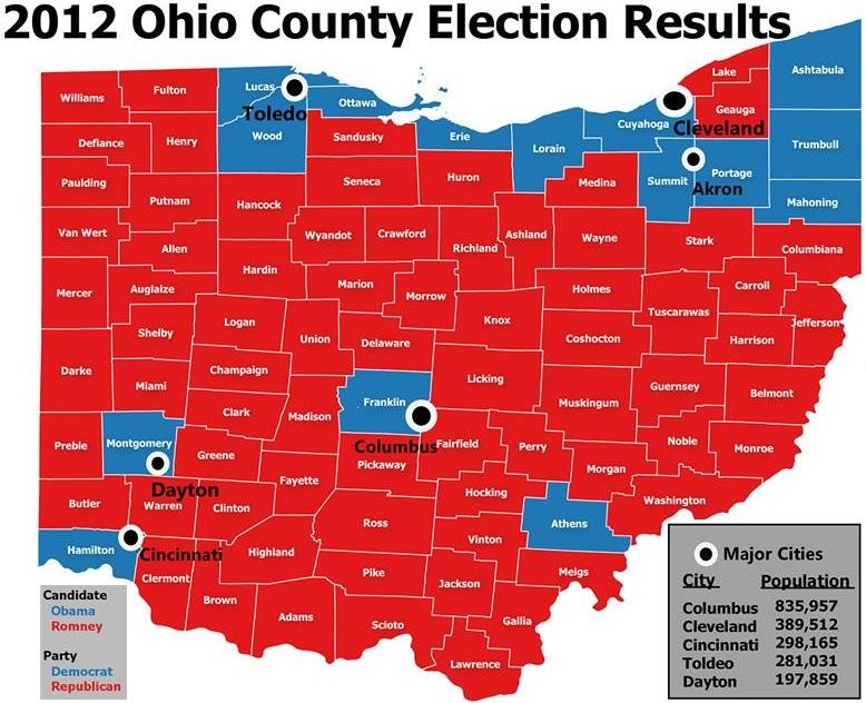 Mapa de Ohio mostrando distritos que votaram nos Democratas (azul) e Republicanos (vermelho). Fonte: http://boundlessgeo.com/2015/12/mapping-our-way-to-the-next-president/