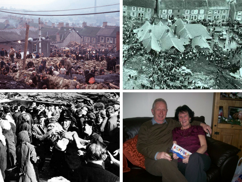 Da esquerda para a direita: Moradores e equipes de resgate escavam a procura de sobreviventes (foto: Rolls Press/Popperfoto/Popperfoto/Getty Images); a escola Pantglass "engolida" pelos detritos do aterro (foto: BBC.co.uk); resgate de sobrevivente (foto: BBC.co.uk); colaboradores/entrevistados: Keith e Maureen Arthur (foto de arquivo pessoal)