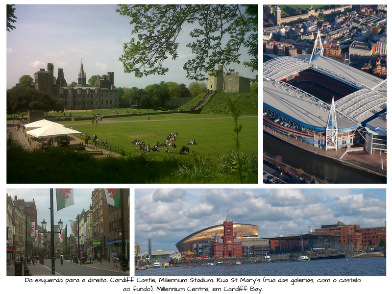 Da esquerda para a direita: Cardiff Castle (foto de arquivo pessoal), Millennium Stadium e Millenium Centre (fonte:http://www.sealandaerialphotography.co.uk/) e St Mary Street (foto de arquivo pessoal)