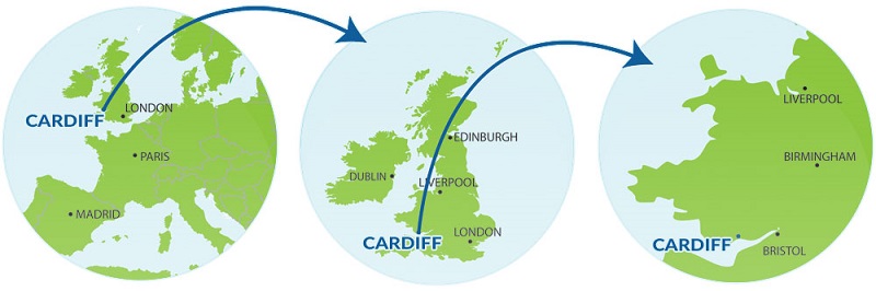 (Fonte: http://www.visitcardiff.com) 12 3 Cardiff em relação à Europa (1), ao Reino Unido (2) e a Bristol, Birmingham e Liverpool,na Inglaterra (3)