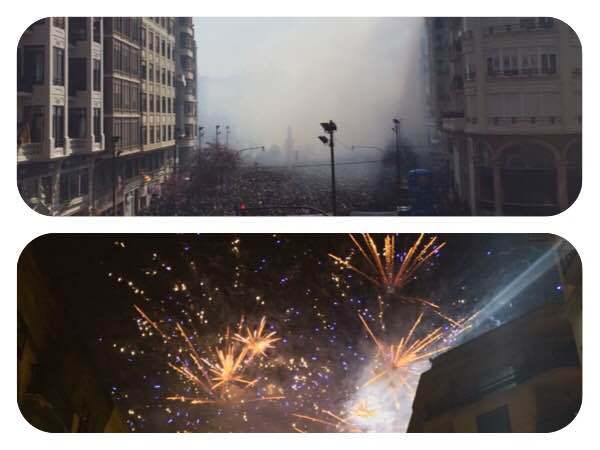 Contraste entre uma Mascletà, onde só tem barulho e fumaça, e os fogos à noite, para comemorar